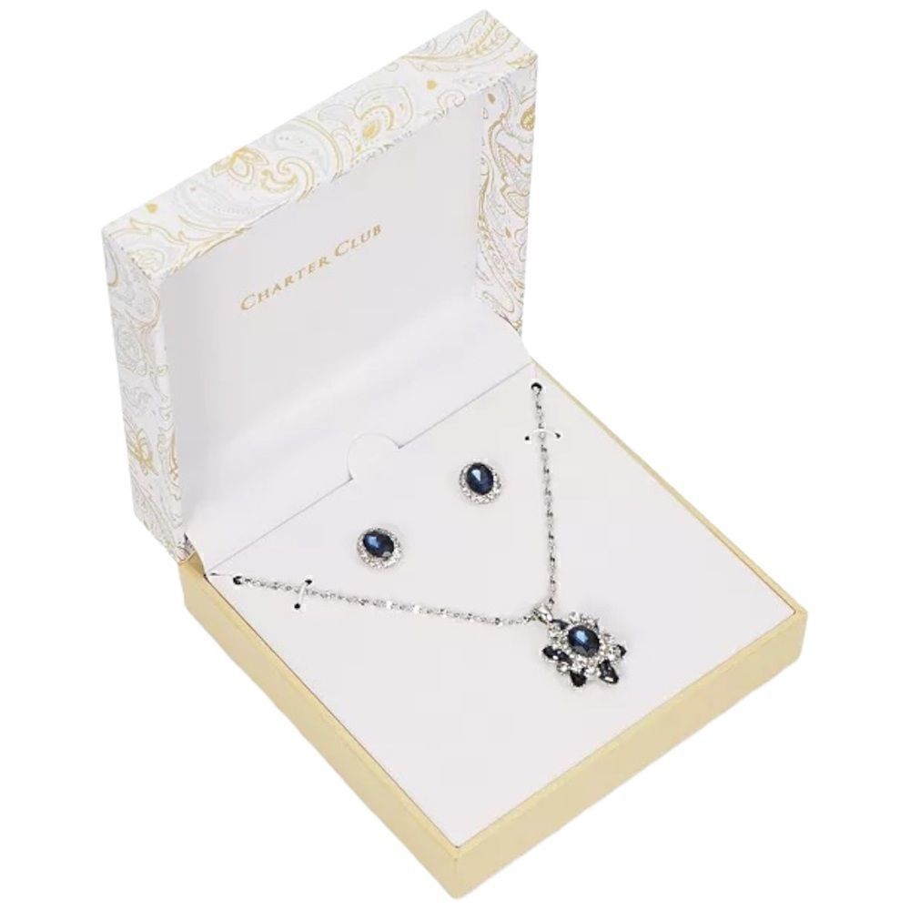 NWT Charter Club Crystal & Stone Cluster Pendant Necklace Halo Stud Earrings Set